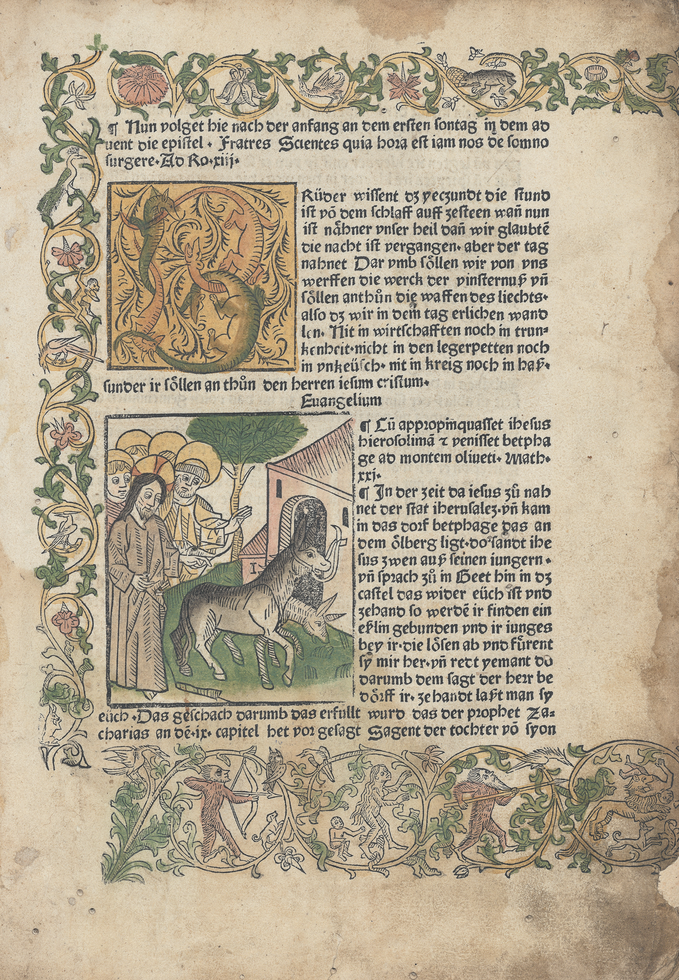Figure 2 - Un texte en langue vernaculaire, avec des
              illustrations : Epistolae et Evangelia, Strasbourg, Martin
              Schott, 1483 (coll. Bibliothèque nationale et universitaire de
              Strasbourg)