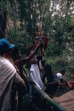 34. L'effigie sur le grand champ, à Bokko, 1993., 34. The effigy (tau-tau) on the great field. (anglais), 17). Patung di atas arena yang luas, Bokko, 1993. (indonésien) la vignette