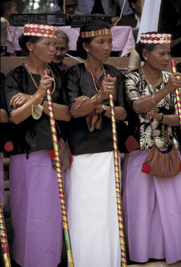 Trois chanteuses de dandan, Tiroan, 1993., Three dandan singers, Tiroan, 1993. (anglais), Tiga penyanyi dandan, Bittuang, 1993. (indonésien) la vignette
