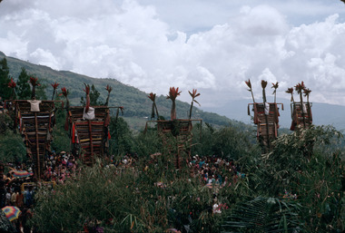 1. Les mâts bate plantés sur le lieu de la fête, Torea, 1993., 1. The bate masts planted on the celebration site, Torea 1993. (anglais), 1. Bendera bate yang ditancapkan di atas arena pesta, Torea, 1993. (indonésien) la vignette