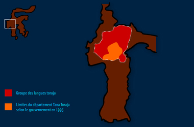 le trait pointillé indique les limites réelles des régions de langues toraja., the doted line shows the real limit of the Toraja linguistic regions. (anglais), Batas-batas administratif Tana Toraja sekarang ini menurut Biro Pusat Statistik 1980. (indonésien) la vignette