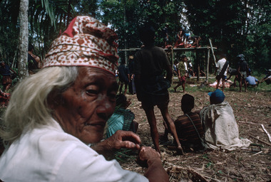 Ne' Palili, to parengnge', sur le champ sacrificiel lors des funérailles de Ne' Tumbang Datu, à Bokko, septembre 1993., Ne' Palili, to parengnge’, on the sacrificial field, Bokko, September 1993. Funeral Ne' Tumbang Datu. (anglais), Ne’ Palili, to parengnge’, di arena pembantaian, Bokko. Balik, Sept. 1993. Upacara pemakaman dari Ne’ Tumbang Datu. (indonésien) la vignette