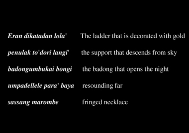 Exemple de strophe de simbong de Mamasa, enregistré à Mamasa en 1993., Example of Mamasa simbong stanza, recorded at Mamasa in 1993. (anglais), Contoh bait simbong dari Mamasa, yang direkam di Mamasa tahun 1993. (indonésien) la vignette