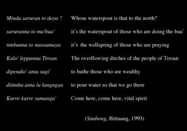 Strophes de simbong, recueillies en 1993., Simbong stanza, collected in 1993. (anglais), Bait-bait simbong, yang dikumpulkan di Bittuang, 1993. (indonésien) la vignette