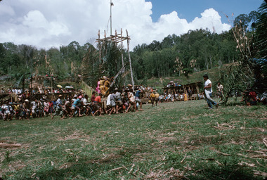 12. Rite of carrying women on a palanquin. Bua’ kasalle ritual. The area for the bua’ kasalle, in a great dried paddy field to the east of the house, Bamba (Deri), 1993., 12. Rite du port des femmes sur un palanquin. L'espace du bua' lors du rite mamulle, sur une grande rizière asséchée à l'est de la maison, Bamba (Deri), 1993. (French), 12. Ritus pengantaran perempuan di atas tandu. Ritus bua’ kasalle. Ruang ritual bua’ pada saat ritus mamulle, pada sebidang sawah yang mengering, sebelah timur rumah. Bamba, Deri, Parinding, 1993. (Indonesian) thumbnail
