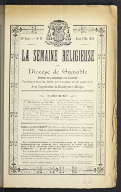E.3.042. "La Semaine Religieuse du diocèse de Grenoble", 35ème année, n°39, jeudi 7 mai 1903, pp. 609-624 la vignette