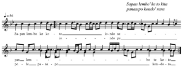 The fusion of the three voices results in the simultaneous presence of the reciting tone (C), the terminal (Bb) and fundamental tone (G), a chord in three sounds: G-Bb-C. This type of arrangement is frequent., La fusion des trois voix résulte de la présence simultanée de la corde récitative (do), de la note terminale (sib) et de la note fondamentale (sol), véritable accord à trois sons : sol-sib-do. Ce type d'agencement est fréquent. Plusieurs brodeurs introduisent des sauts de quarte de la fondamentale à la corde de récitation sur un rythme iambique. (French), Fusi dari tiga suara muncul dari kehadiran secara spontan tali mantra (do), not terminal (si bemol), dan not dasar (sol), akord yang sebenarnya dalam tiga suara: sol – si – do. Jenis pengelompokan ini sering ditemukan. Beberapa penyanyi, yang berfungsi memperindah, memperkenalkan loncatan-loncatan kuart dari fundamental ke tali mantra dengan ritme iambik. (Indonesian) thumbnail