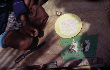 Offrande pesung, rituel maro, Sereale, 1993., Paisung offering, maro ritual, Sereale, 1993. (anglais), Persembahan pesung, dalam ritus maro, Sereale, 1993. (indonésien) la vignette