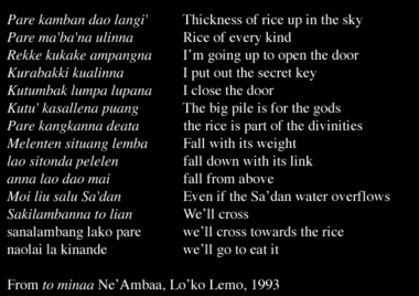 Unnala Pare « prendre le riz », extrait d'un poème récité par le to minaa Ne' Ambaa, 1993., Unnala Pare ‘taking the rice’, extract from a poem given by Ne’Ambaa, 1993. (anglais), Unnala Pare, “Pengambilan Padi”, cuplikan syair yang diberikan oleh Ne’ Ambaa, 1993. (indonésien) la vignette