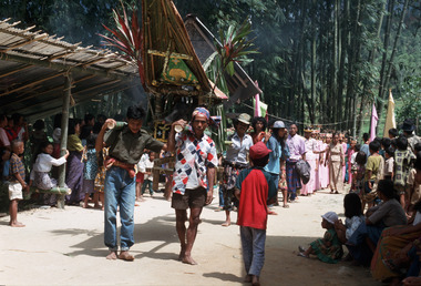 Arrival of a palanquin, followed by a group of nani singers. Tiroan, 1993., Arrivée d'un palanquin, suivi par le groupe de chanteuses de dandan, Tiroan, 1993. (French), Kedatangan tandu seekor babi, yang disusul oleh sekelompok penyanyi wanita nani. (Indonesian) thumbnail