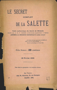 E.3.049. "Le secret complet de La Salette", R.P. Alfred PARENT la vignette