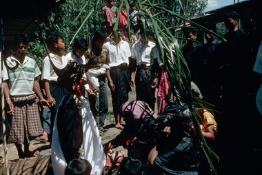 13. Chant funéraire badong pour l'effigie, à Pangleon (canton Saluputti), 1993., 13. Badong for the effigy. Pangleon (Saluputti), 1993. (anglais), 13). Nyanyian pemakaman badong untuk patung. Pangleon (kecamatan Saluputti), 1993. (indonésien) la vignette