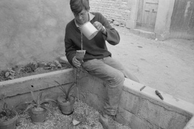René Marot, 17 ans. Fabrication d'un hautbois d'écorce : mouillure de l'instrument. la vignette
