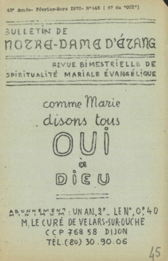 D.5.046. "Comme Marie disons tous OUI à Dieu. Bulletin de Notre-Dame d'Etang", M. le Curé de Velars-sur-Ouche (French) thumbnail