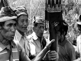 Plusieurs officiants chantent le chant du mât (gelong bate), en tenant le mât. Torea, 1993., Several officiants sing the mast song (gelong bate) while holding the mast, Torea, 1993. (anglais), Beberapa pemangku adat menyanyikan “lagu bendera” (gelong bate), sambil berpegangan pada bate. Torea, 1993. (indonésien) la vignette
