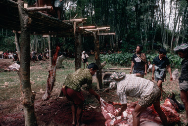 Démembrement du buffle sous la plate-forme bala'kaan, Bokko, 1993., Dismembering the buffalo under the platform(bala’kaan), Bokko 1993. (anglais), Pemotongan daging kerbau di bawah bala’kaan, Bokko, 1993. (indonésien) la vignette