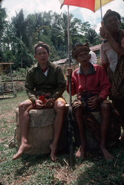 Both officiants (burake), sitting on the drums. Bua’kasalle ritual, 1993., Les deux officiants burake, Ne' Sulo et Ne' Lumbaa, assis sur les tambours, rituel bua' kasalle, Deri, 1993. (French), Kedua pemangku adat burake, duduk di atas gendang-gendang. Ritus bua’, 1993. (Indonesian) thumbnail