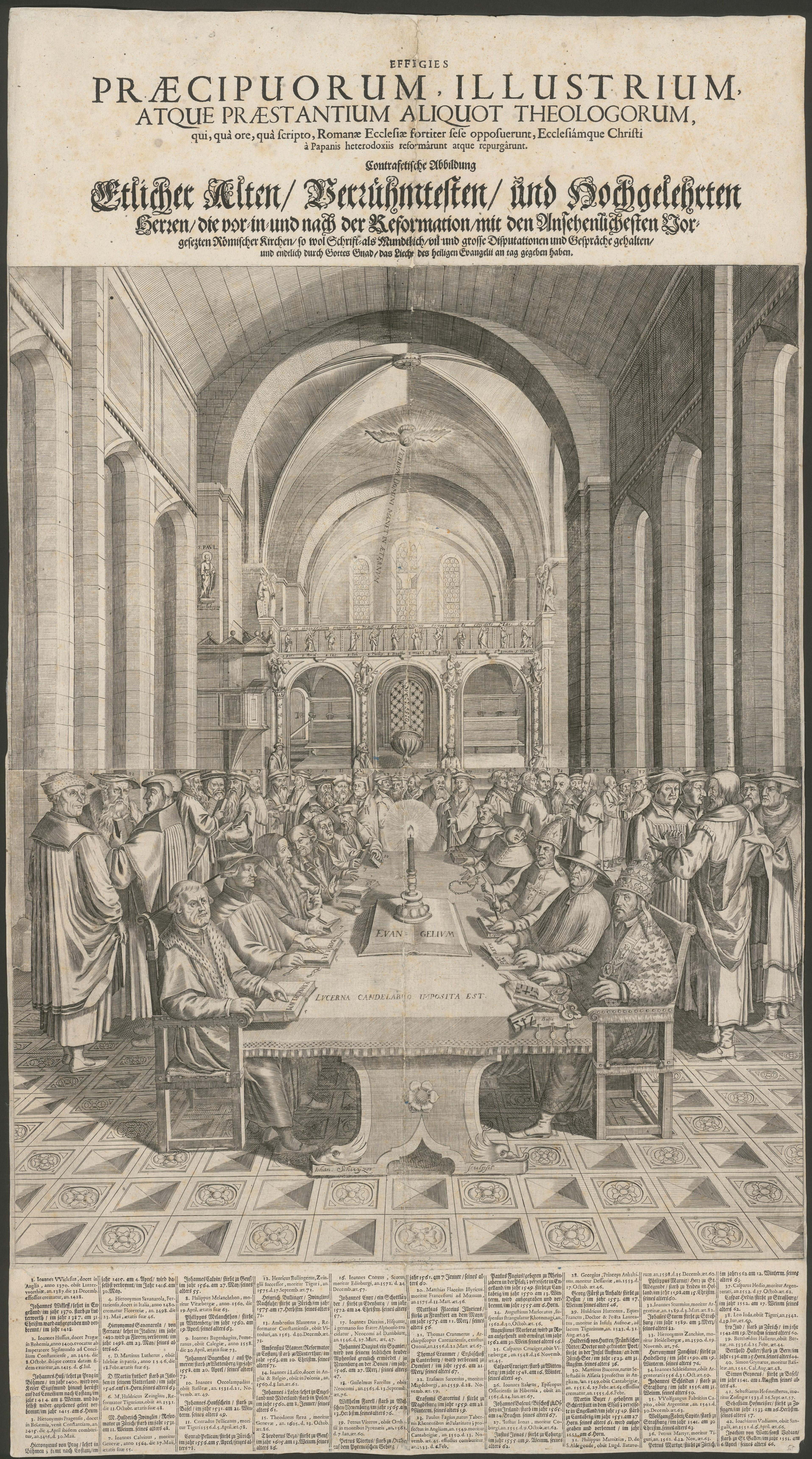 Figure 1 – , [Zurich], [1650], gravure de 59,8 x
          47,4 cm sur feuille de 87 x 47,6 cm. Zentralbibliothek Zürich, EDR
          III 1650 Reformatoren 1. URL : .