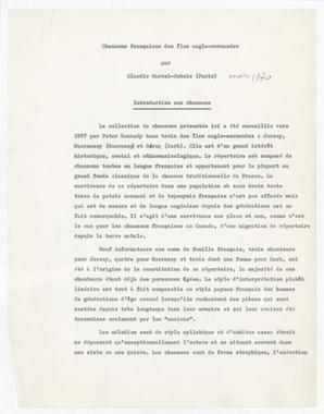 30_04 - « Chansons françaises des îles anglo-normandes par CMD (Paris); mars 1970 »; dactylogramme d’une étude en vue d’une publication. la vignette