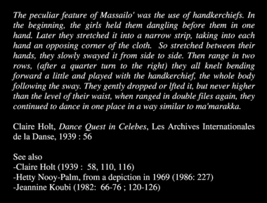 Description of the massailo’ dance by Claire Holt in 1939., Description of the massailo’ dance by Claire Holt in 1939. (anglais) la vignette