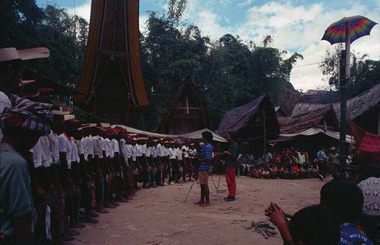 En rang, à Tiroan (Bittuang), 1993., In one line, at Tiroan (Bittuang), 1993. (anglais), Berdiri berjejer di Tiroan (Bittuang), 1993. (indonésien) la vignette