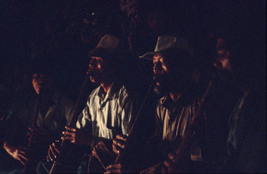Flute quartet, pakorong ritual, Bekak, 1993., Quatuor de flûtes lors du rituel pakorong, Bekak, 1993. (French), Kuartet suling pada saat ritus pakorong, Bekak, 1993. (Indonesian) thumbnail