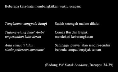 Badong Performatif: Pa’ kotok Londong, “Nyanyian Ayam Jantan”. Badong Desa Baruppu’, lihat hal. 34-39. (indonésien) la vignette