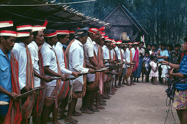 En rang, à Tiroan (Bittuang), 1993., In one line, at Tiroan (Bittuang), 1993. (anglais), Berjejer di Tiroan (Bittuang), 1993. (indonésien) la vignette