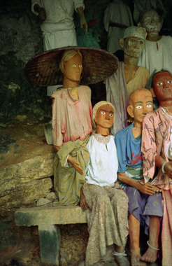 Statuettes tau-tau devant une sépulture., Tau-tau in front of tomb. (anglais), Patung tau-tau para leluhur, depan makam. (indonésien) la vignette