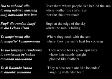 Extrait de Ossoran bugi', collecté en 1993 auprès de Lumbaa, vers 155-166., From the ossoran bugi’, lines 155-166, from Ne’Lumbaa (see Anthology and Florilegium) (anglais), Cuplikan nyanyian Ossoran Bugi’, yang saya rekam pada tahun 1993, dari Ne’ Lumbaa, sajak 155-166. (indonésien) la vignette