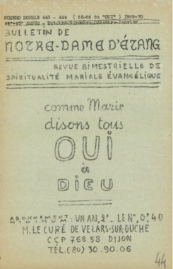 D.5.045. "Comme Marie disons tous OUI à Dieu. Bulletin de Notre-Dame d'Etang", M. le Curé de Velars-sur-Ouche (French) thumbnail