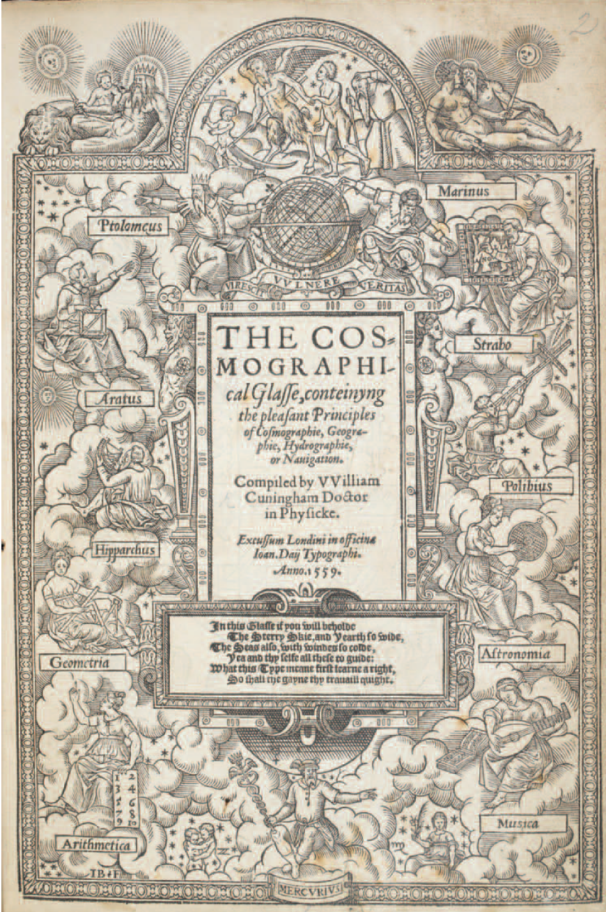 Figure 1 - Page de titre du Cosmographical Glasse de William
          Cuningham (1559 - coll. British Library)