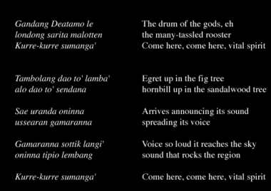 Dans un chant simbong, 1993., Simbong song stanzas, collected in 1993. (anglais), Bait syair nyanyian simbong, yang diperoleh tahun 1993. (indonésien) la vignette