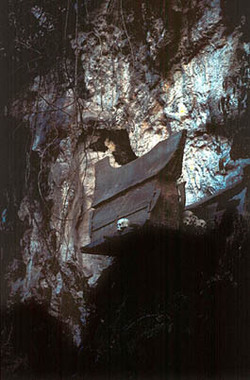 Cercueil en bois (erong) suspendu, site de Ke'te' Kesu'., Hanging wooden coffins (erong). (anglais), Peti mati dari kayu (erong) yang digantung.  (indonésien) la vignette