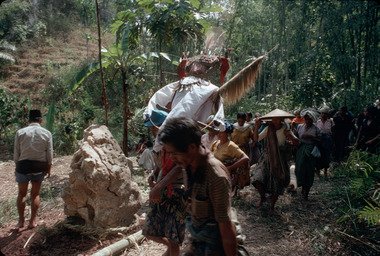 32. Arrivée de l'effigie tau-tau sur le champ sacrificiel, Bokko, 1993., 32. Arrival of the effigy (tau-tau) on the sacrificial field, Bokko, 1993. (anglais), 15). Kedatangan patung tau-tau di atas arena penyembelihan, Bokko, 1993. (indonésien) la vignette