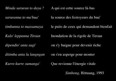 Strophes de simbong, recueillies en 1993., Simbong stanza, collected in 1993. (anglais), Bait-bait simbong, yang dikumpulkan di Bittuang, 1993. (indonésien) la vignette