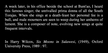 Extrait du roman de Harry Wilcox, Six Moons in Sulawesi (1949), 1989. la vignette
