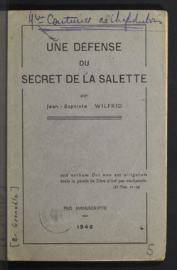 E.3.005. "Une défense du secret de La Salette", WILFRID Jean-Baptiste la vignette