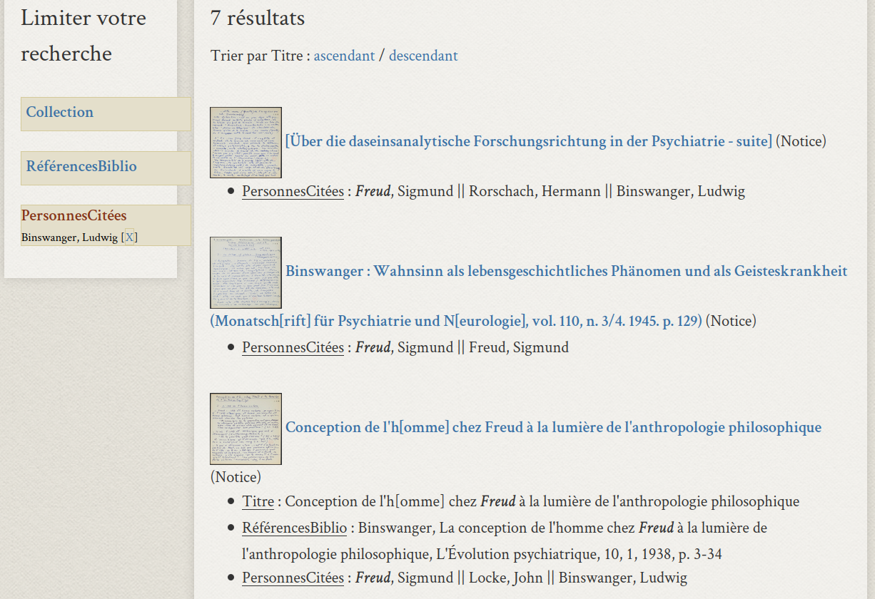 Figure 9 - Recherche à « facettes » :
            trouver les fiches qui mentionnent Binswanger parmi celles qui
            mentionnent Freud.