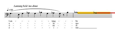 MELISMATIC MODEL. No drone here: the melody is no longer carried by the soloist but by the chorus, who perform a melody often based on intervals of a second and minor third. Characteristic of the region of Baruppu', this model is defined by words sung in unison without ornament, by its slowness, by pauses, by the absence of clausula, by scales with unusual chromaticisms, by overlappings, by changes of scale, and by long sustained notes on the sub-final., MODÈLE MÉLISMATIQUE. Ici, pas de bourdon, la mélodie est assurée non plus par le soliste mais par le chœur qui exécute une mélodie souvent fondée sur des intervalles de seconde et tierce mineure.Propre à la région de Baruppu', ce modèle se caractérise par des paroles chantées à l'unisson sans ornements, par la lenteur, par des pauses, par l'absence de clausule, par des échelles aux chromatismes inhabituels, par des tuilages, par des changements d'échelle et par de longue tenues sur la subfinale. (French), MODEL MELISMATIK Di sini, melalui dengungan, melodi dijamin bukan oleh solis, melainkan oleh kor. Kor membawakan sebuah melodi, yang sering berdasarkan atas interval sekon dan terts minor. Khusus untuk daerah Baruppu’, model ini ditandai oleh kata-kata yang dibawakan dalam nada yang sama. Tanpa hiasan, melalui berbagai hal, seperti kelambanan, pause, ketiadaan formula akhir, tangga nada dengan kromatisisme yang aneh, melalui sistem tumpang tindih suara bagian akhir sebuah kor dengan suara bagian awal kor yang menyusul, penggantian tangga nada, dan suara konstan yang berlangsung atas subfinalis.  (Indonesian) thumbnail