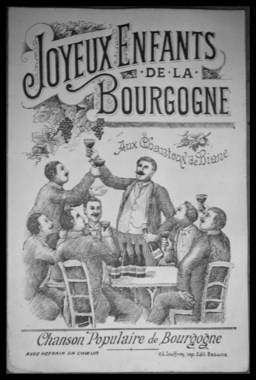 Chez L. Sennepin. Place de la Halle. A 16h. Reproduction (par procédé mécanique) d'une chanson intitulée "Joyeux enfants de la Bourgogne"  (verso). Par les  "chantoux de Biane" (chanteurs de Beaune), groupe fondé en 1907. Jouffroy (imprimeur éditeur) à Be la vignette