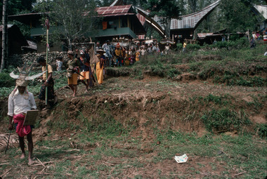 1. Descent of the procession to the field. Bua' kasalle, Deri, 1993., 1. Rituel bua' kasalle, Deri, 1993. Descente de la procession vers le champ kala'paran bua'. (French), 1. Ritus bua’, Deri, 1993. Prosesi sedang berarak ke arena kala’paran bua’. (Indonesian) thumbnail