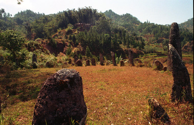 Champ de mégalithes, Rindingallo, 1993., Megalith field, Rindingallo, 1993. (anglais), Arena megalit, Rindingallo, 1993. (indonésien) la vignette