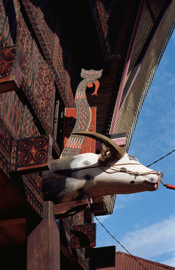 Toraja house façade., Façade de maison toraja. (French), Bagian depan Rumah Toraja. (Indonesian) thumbnail