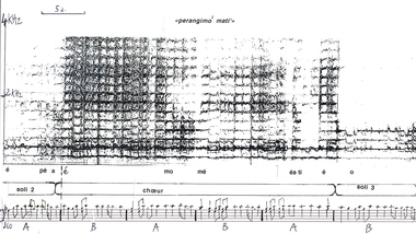 Sonagramme 4 : Les chanteurs énoncent le vers perangimo' mati', partagé entre les soli et le chœur (l'extrait commence ici au niveau du soli 2). Si la fréquence est peu modifiée (h1 : 270 Hz, do 3), c'est surtout l'accentuation vigoureuse qui ressort à travers l'intensité des bandes verticales ainsi que les trouées spectrales, liées à l'alternance vocalique. Trois zones formantiques apparaissent, l'une sur l'h2 autour de 500 Hz, l'autre sur l'h7 autour de 2 000 Hz et la dernière vers 3 000 Hz. Le contraste spectral dans le passage du [e] à [o] est accentué par le changement de masse sonore, du chœur aux soli 3., The singers pronounce the line perangngimo' mati', divided between the solos and the chorus (the extract begins here at the level of solos 2). Three formant zones appear, one on h2 around 500 Hz, another on h7 around 2000 Hz, and the last about 3000 Hz. The spectral contrast in the passage from [e] to [o] is accentuated by the change in sound mass from the chorus to solos 3. (anglais), Sonagram 4. Para penyanyi melantunkan sajak “perangngimo’ mati’ “, yang dibagi antara para solis dan kor (cuplikan di sini dimulai pada solis 2). Jika frekuensi berubah sangat sedikit, (h1: 270 Hz, do 3), khususnya pada penekanan yang tegas baik dalam bentuk intensitas pita vertikal maupun pada lobang-lobang spektral, yang berkaitan dengan pergantian vokalik. Tiga wilayah formantik muncul, yang pertama pada 1’h2 sekitar 500 Hz, yang lainnya pada 1’h7 di sekitar 2000 Hz dan terakhir pada sekitar 3000 Hz. Kontras spektral dalam peralihan dari [é] ke [o] memperoleh penekanan melalui perubahan massa suara, dari kor ke solis 3. (indonésien) la vignette