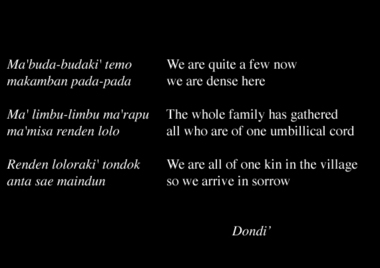 Dondi’ stanzas expressing the group’s unity., Strophes de dondi' exprimant l'unité du groupe. (French), Bait-bait dondi’ mengungkapkan keutuhan kelompok. (Indonesian) thumbnail