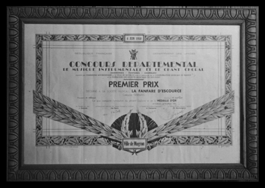 Salle de répétition. Diplôme remporté par la fanfare d'Escource à Mugron en 1950 (French) thumbnail