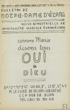 D.5.052. "Comme Marie disons tous OUI à Dieu. Bulletin de Notre-Dame d'Etang", M. le Curé de Velars-sur-Ouche (French) thumbnail
