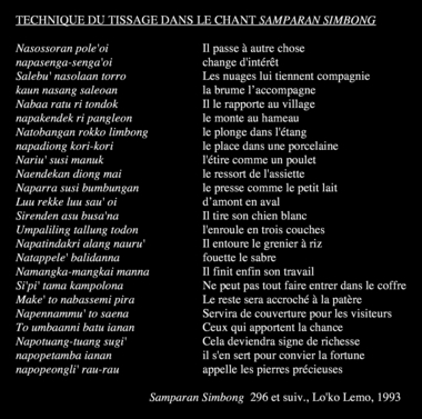 Extrait du chant Samparan Simbong, v. 296 et suiv., Lo'ko' Lemo, 1993. la vignette
