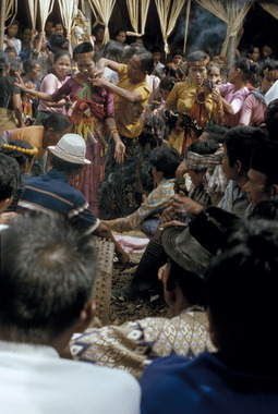 Dancer, crowd and drum, merok ritual, Minanga Ulusalu, Sa'dan Malimbong, 1993., Danseuse, foule et tambour, fête merok, Minanga Ulusalu, Sa'dan Malimbong, 1993. (French), Penari perempuan, kerumunan orang dan gendang, ritus merok, Minanga Ulusalu, Sa’dan Malimbong, 1993. (Indonesian) thumbnail